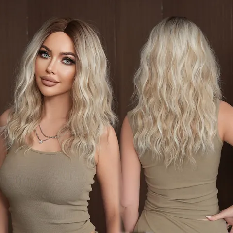 Women Ombre Blonde Water Wave Long Curly Synthetic Middle Part Heat Resistant Fiber Full Head Wig For Daily Party Hair