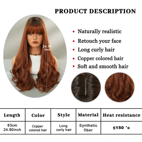 Women's Long Wavy Synthetic Wig With Blunt Bangs Heat Resistant Fiber Natural Looking Fluffy Wavy Hair For Daily Party Fashion Wear