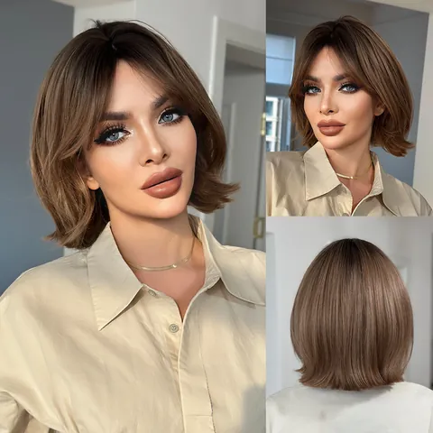 Women Short Brown Bob Wig With Air Bangs Heat Resistant Synthetic Fiber Natural Inner Buckle Curly Hair For Daily Date
