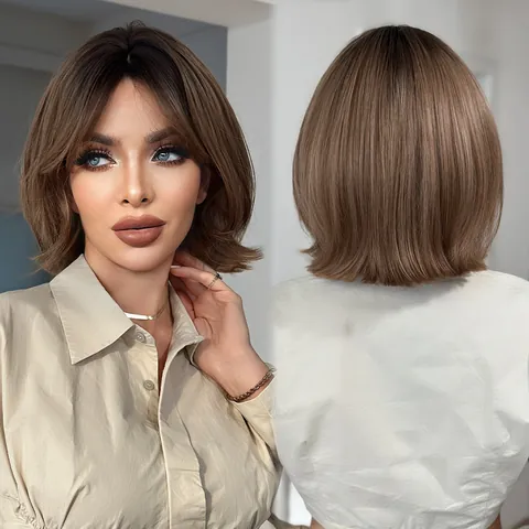 Women Short Brown Bob Wig With Air Bangs Heat Resistant Synthetic Fiber Natural Inner Buckle Curly Hair For Daily Date