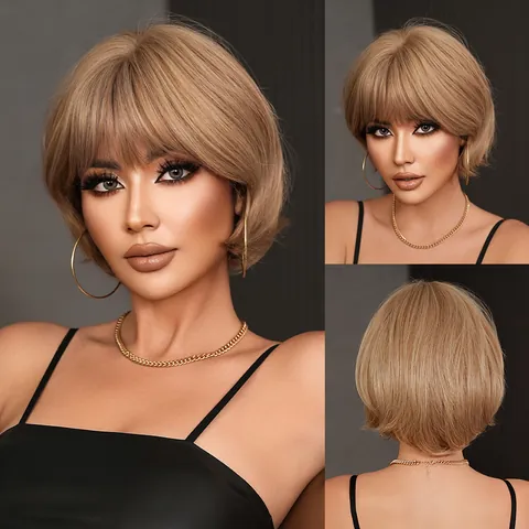 Women's Short Bob Wig With Bangs High Temperature Synthetic Fiber Heat Resistant Natural Look Layered Hair For Daily Fashion Use