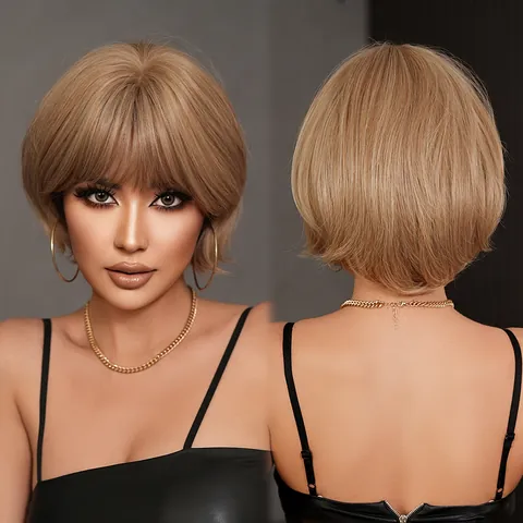 Women's Short Bob Wig With Bangs High Temperature Synthetic Fiber Heat Resistant Natural Look Layered Hair For Daily Fashion Use