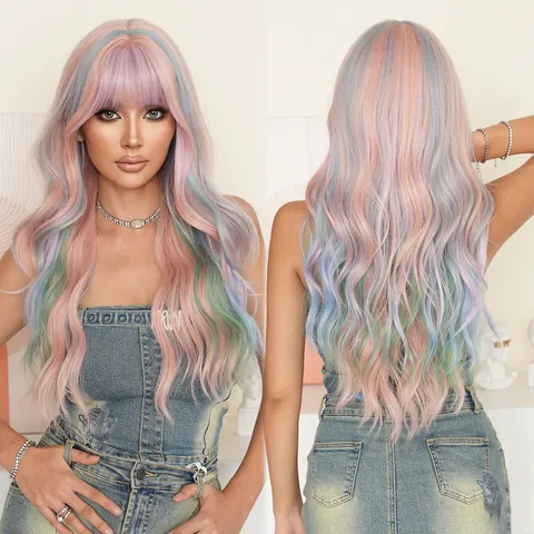 Peluca Larga Rizada Lolita Y2K Arcoíris Con Flequillo Recto Sintética Resistente Al Calor Degradado Multicolor Cabello Ondulado Para Mujer Cosplay Fiesta