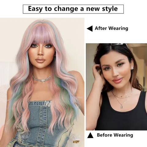Peluca Larga Rizada Lolita Y2K Arcoíris Con Flequillo Recto Sintética Resistente Al Calor Degradado Multicolor Cabello Ondulado Para Mujer Cosplay Fiesta