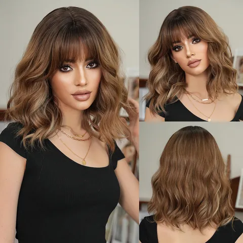 Short Wavy Bob Wig With Bangs High Temperature Synthetic Fiber Ombre Balayage Heat Resistant Natural Looking Wigs For Women Daily Party Use
