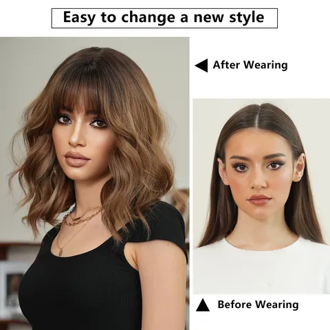 Short Wavy Bob Wig With Bangs High Temperature Synthetic Fiber Ombre Balayage Heat Resistant Natural Looking Wigs For Women Daily Party Use
