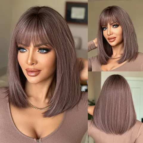 Women Smoky Pink Purple Straight Wig With Bangs Heat Resistant Synthetic Fiber Layered Shoulder Length Fashion Hairpiece