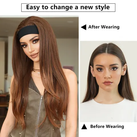 Long Straight Headband Wig For Women High Temperature Synthetic Hair Natural Looking Heat Resistant Ombre Brown Gray Wig