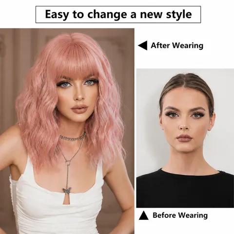 Wavy Pink Orange Wig With Blunt Bangs Heat Resistant Synthetic Hair Subculture Y2K Style Full Head Cover For Women