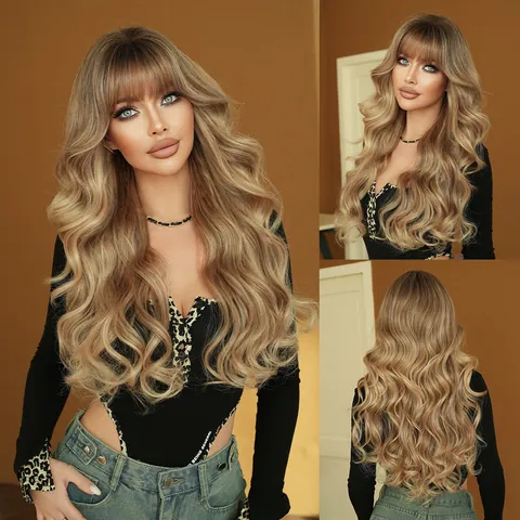 Ombre Ash Blonde Long Curly Wave Wig With Air Bangs Heat Resistant Synthetic Fiber Full Head Wig For Women Daily Party