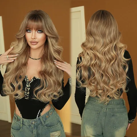 Ombre Ash Blonde Long Curly Wave Wig With Air Bangs Heat Resistant Synthetic Fiber Full Head Wig For Women Daily Party