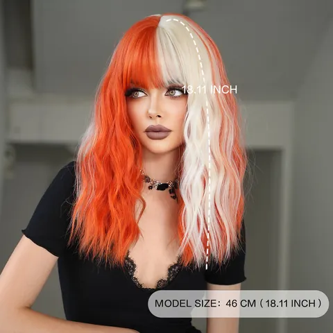 Subcultura Mujer Y2K Peluca de Cabello Sintético Ondulado Con Flequillo Color Dividido Rosa Naranja Fibra Resistente al Calor para Fiesta Cosplay