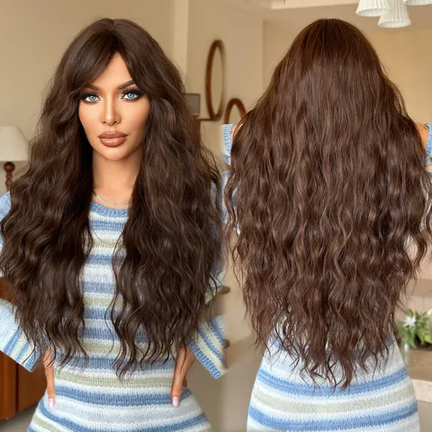 Long Curly Tea Brown Side Bangs Wig Heat Resistant Synthetic Hair Big Wave Full Head Wig For Women Daily Fashion Hairpiece
