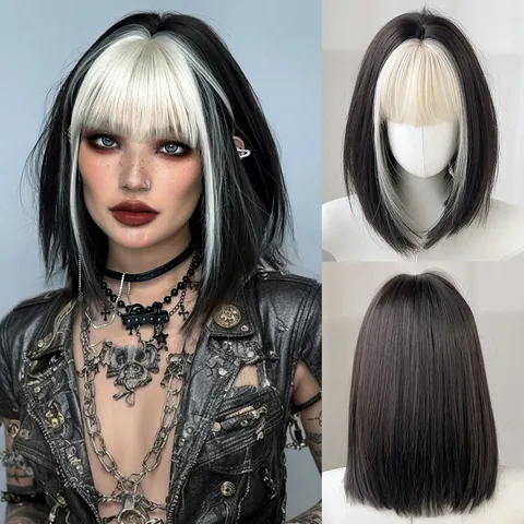 Women Short Straight Bob Wig With Bangs High Temperature Fiber Black Rose Red Gray Highlights Subculture Cosplay Party Wig