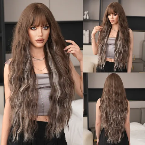 Long Wavy Synthetic Wig With Bangs For Women Heat Resistant Fiber Ombre Highlights Brown Pink Copper Red Long Wavy Hair Wigs