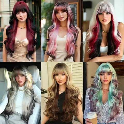 Extra Long Wave Curly Wig With Flat Bangs For Women Heat Resistant Ombre Gradient Colorful Synthetic Fiber Full Wig For Daily Party