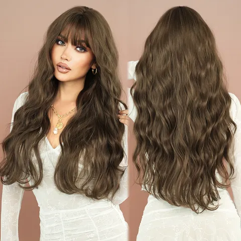 Women Extra Long Wavy Synthetic Wig With Flat Bangs Natural Soft Heat Resistant Fiber Long Curly Hair Full Headpiece