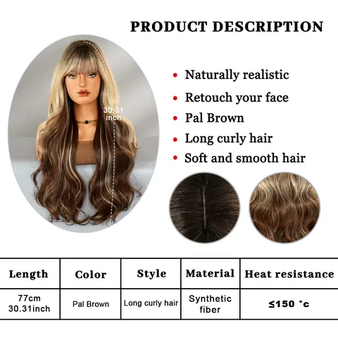 Extra Long Wave Curly Wig With Flat Bangs For Women Heat Resistant Ombre Gradient Colorful Synthetic Fiber Full Wig For Daily Party