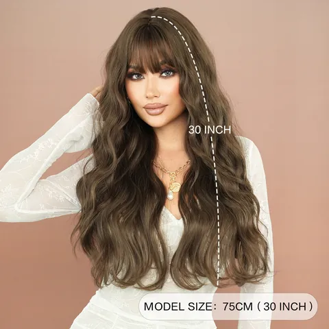 Women Extra Long Wavy Synthetic Wig With Flat Bangs Natural Soft Heat Resistant Fiber Long Curly Hair Full Headpiece
