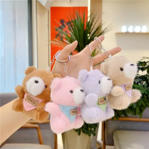 Cute Plush Bear Keychain Pendant Soft Stuffed Animal Toy With Polka Dot Scarf Mini Bear Doll For Bag Charm Decor Gift