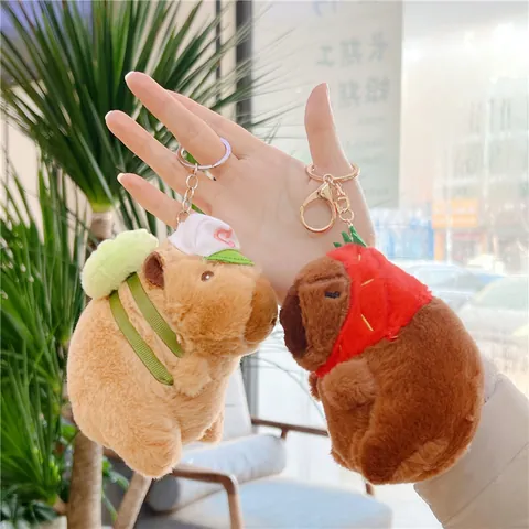 Cute Capybara Plush Keychain With Backpack Strawberry Hat Soft Stuffed Animal Keyring For School Bag Charm Kids Girls Gift