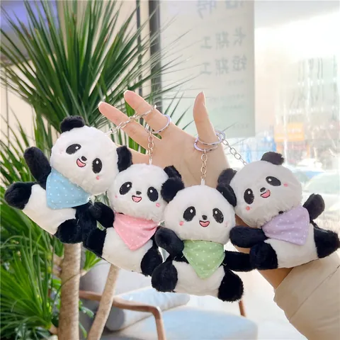 Cute Panda Plush Keychain Soft Stuffed Animal Doll With Colorful Polka Dot Bib Backpack Pendant Decoration Birthday Gift