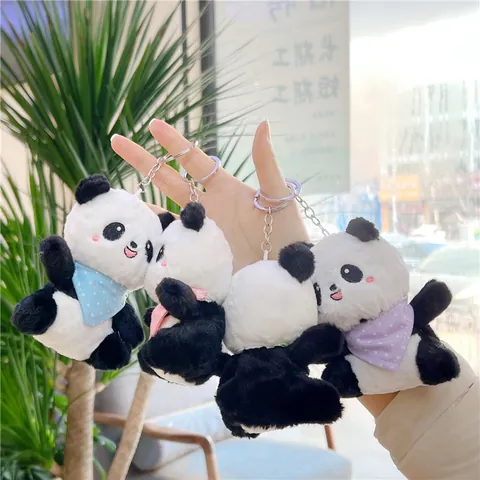 Cute Panda Plush Keychain Soft Stuffed Animal Doll With Colorful Polka Dot Bib Backpack Pendant Decoration Birthday Gift