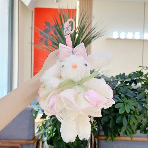 Lolita Long Eared Rabbit Plush Pendant Elegant Plaid Lace Dress Bunny Doll Keychain Bag Charm For Women Girls Gift