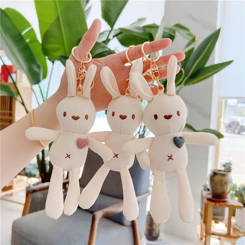 Kawaii Cream White Plush Rabbit Keychain With Heart Embroidery Soft Bunny Stuffed Animal Toy Bag Charm Pendant Gift For Girls