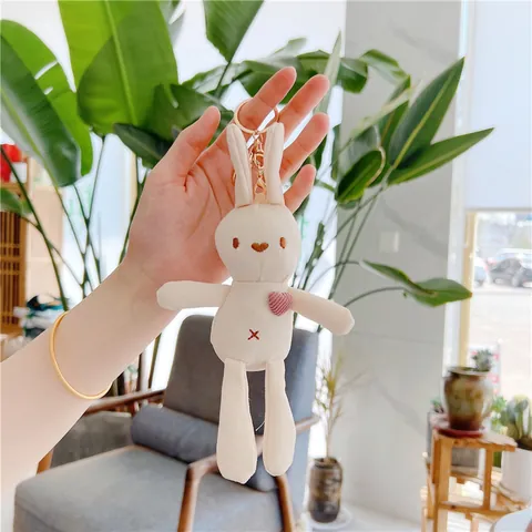 Kawaii Cream White Plush Rabbit Keychain With Heart Embroidery Soft Bunny Stuffed Animal Toy Bag Charm Pendant Gift For Girls