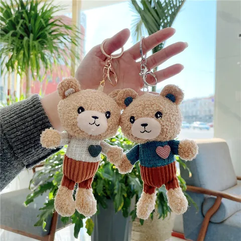 Cute Teddy Bear Plush Keychain Soft Stuffed Animal Doll Bag Charm With Knitted Sweater Corduroy Pants For Women Kids Gift
