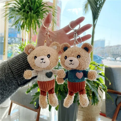 Cute Teddy Bear Plush Keychain Soft Stuffed Animal Doll Bag Charm With Knitted Sweater Corduroy Pants For Women Kids Gift