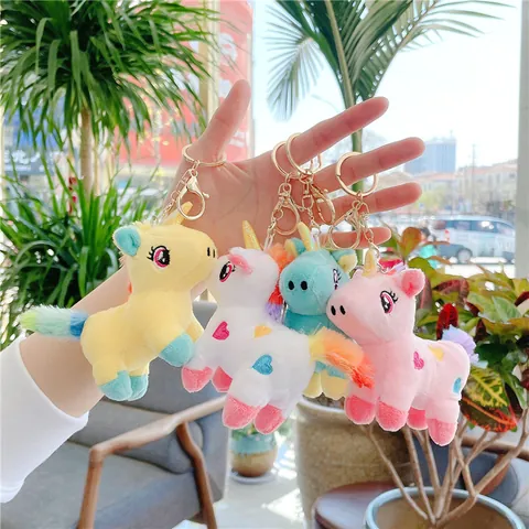 Cute Rainbow Unicorn Plush Keychain With Heart Embroidery Soft Stuffed Animal Toy Bag Hanging Pendant For Kids Girls Gift