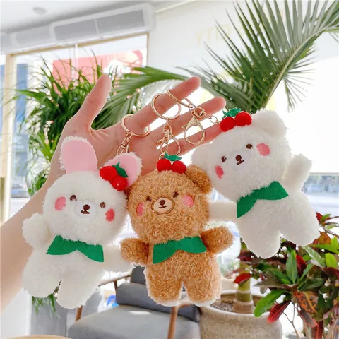 Lindo Llavero de Peluche de Oso de Peluche Conejo Con Decoración de Cereza Pajarita Suave Animal de Peluche Colgante de Bolsa Mujer