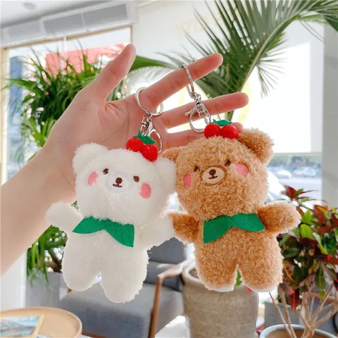 Lindo Llavero de Peluche de Oso de Peluche Conejo Con Decoración de Cereza Pajarita Suave Animal de Peluche Colgante de Bolsa Mujer