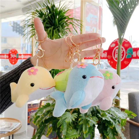 Cute Dolphin Whale Plush Toy Keychain Pendant With Flower Decor Soft Stuffed Animal Doll For Bag Backpack Decoration Gift