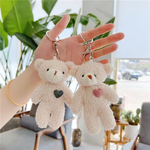 Cute Teddy Velvet Bear Plush Keychain Heart Decoration Soft Stuffed Animal Bag Pendant For Women Girls Keyring Gift