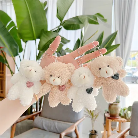 Japanese Style Plush Teddy Bear Keychain With Heart Patch Soft Stuffed Animal Doll Bag Charm Accessories For Women Kids