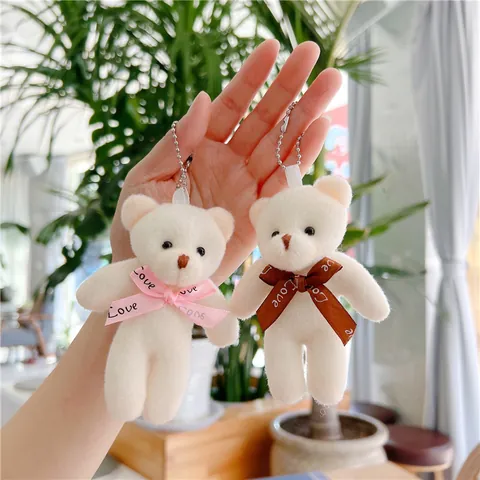 Cute Mini Teddy Bear Plush Keychain Cream Soft Stuffed Animal Toy With Heart Bow Love Print For Bag Decor Gift Girls Kids