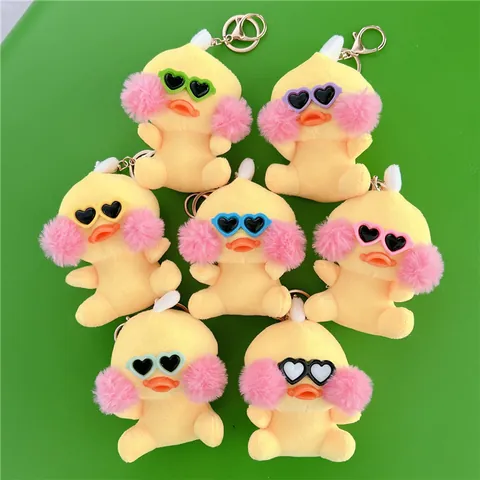 Adorabile Portachiavi in Peluche a Forma di Anatra Gialla Con Occhiali a Cuore Kawaii Morbido Ciondolo per Zaino