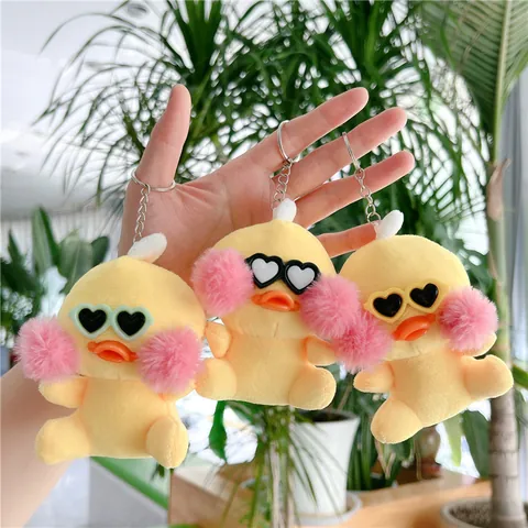 Adorabile Portachiavi in Peluche a Forma di Anatra Gialla Con Occhiali a Cuore Kawaii Morbido Ciondolo per Zaino