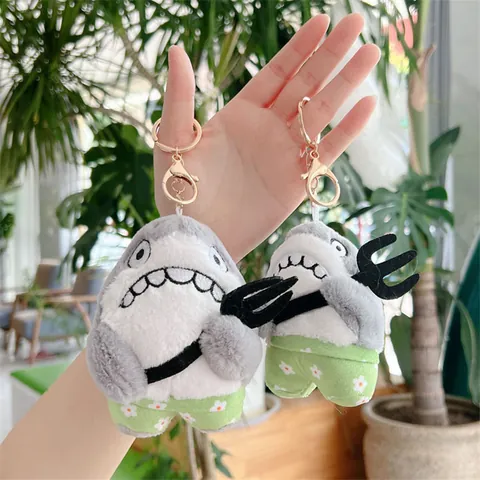 Funny Shark Bee Plush Pendant With Trident And Floral Shorts Soft Stuffed Shark Animal Keyring Bag Accessory For Adults Kids