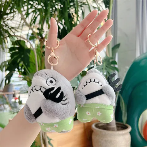 Funny Shark Bee Plush Pendant With Trident And Floral Shorts Soft Stuffed Shark Animal Keyring Bag Accessory For Adults Kids