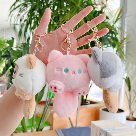 Leuke Cartoon Kat Pluche Sleutelhanger Met Piepgeluid Zachte Lange Pluche Dier Pop Tas Charm Voor Vrouwen Kinderen Cadeau