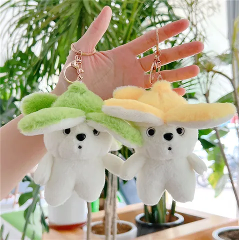 Cute Cartoon Plush Dog Bear Keychain With Flower Hat Soft Stuffed Animal Bag Pendant For Backpack Decoration Women Girls Gift