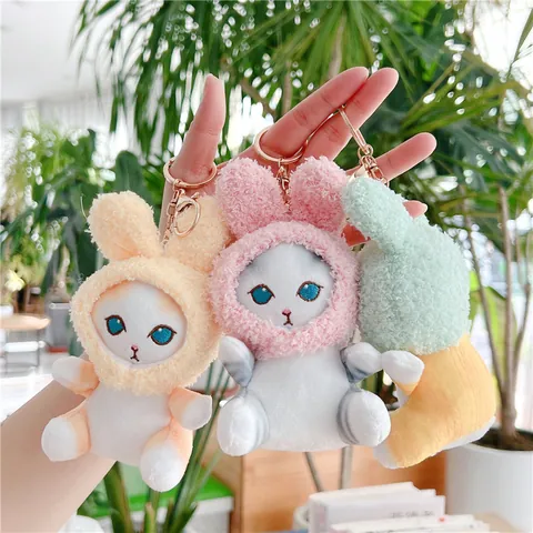 Cute Cat Plush Keychain With Bunny Ears Hood Soft Stuffed Animal Pendant Bag Charm For Kids Women Jewelry Gift Accessory