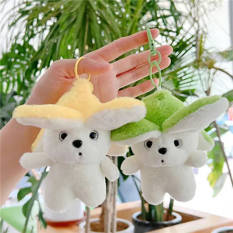 Cute Cartoon Plush Dog Bear Keychain With Flower Hat Soft Stuffed Animal Bag Pendant For Backpack Decoration Women Girls Gift