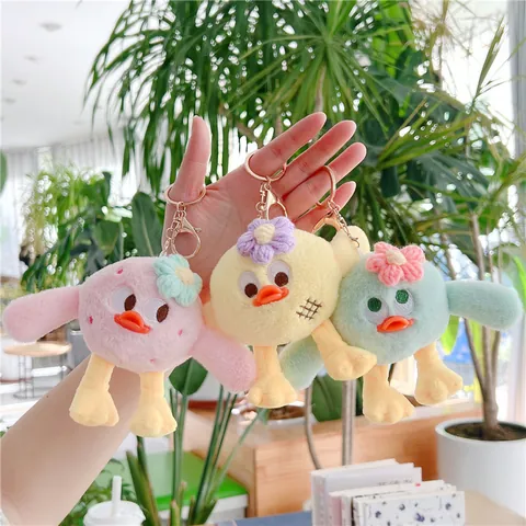 Cute Big Eye Plush Bird Keychain Pendant Soft Cartoon Chick Doll Bag Charm With Knitted Flower Decorative Keyring Accessory