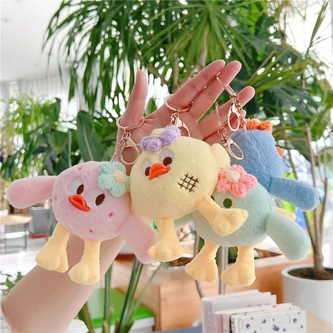 Cute Big Eye Plush Bird Keychain Pendant Soft Cartoon Chick Doll Bag Charm With Knitted Flower Decorative Keyring Accessory