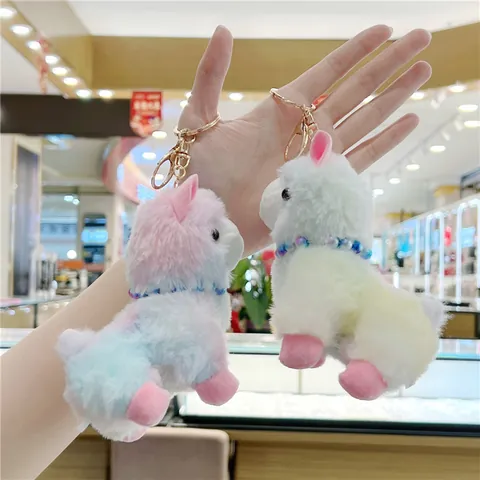 Süßer Alpaka Plüsch Schlüsselanhänger Farbverlauf Mehrfarbig Stofftier Puppe Taschenanhänger Mit Perlenkette Für Mädchen Geschenk
